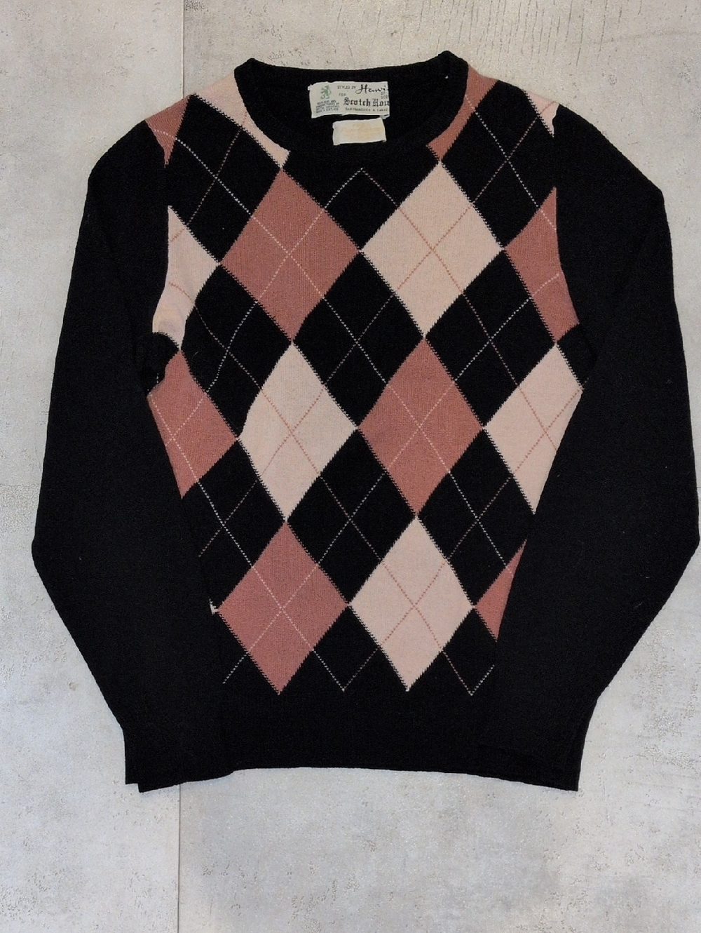 Scotch House rgyle Crewneck Sweater in Black, Rose, Cream 100% Cashmere Vintage